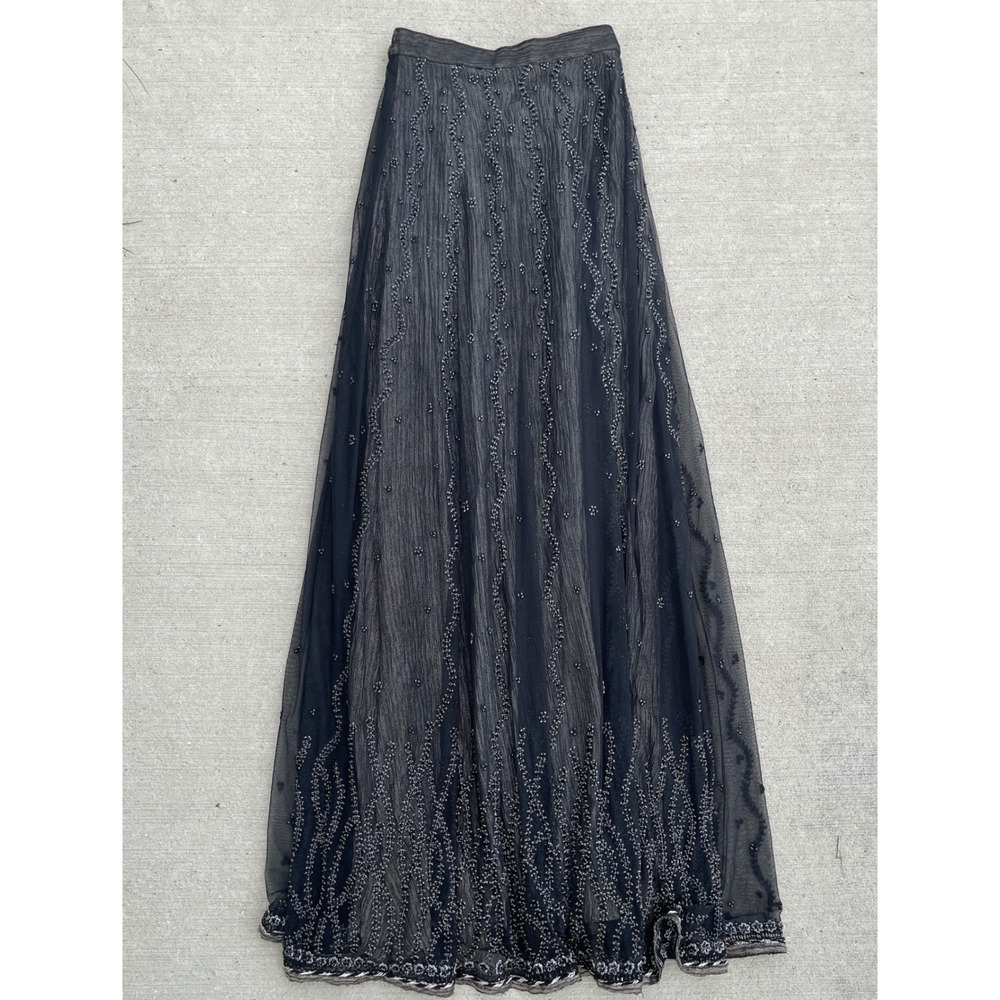 Vintage Beaded Mesh Maxi Skirt Black Gold Metallic Plisse Layered Formal Gown